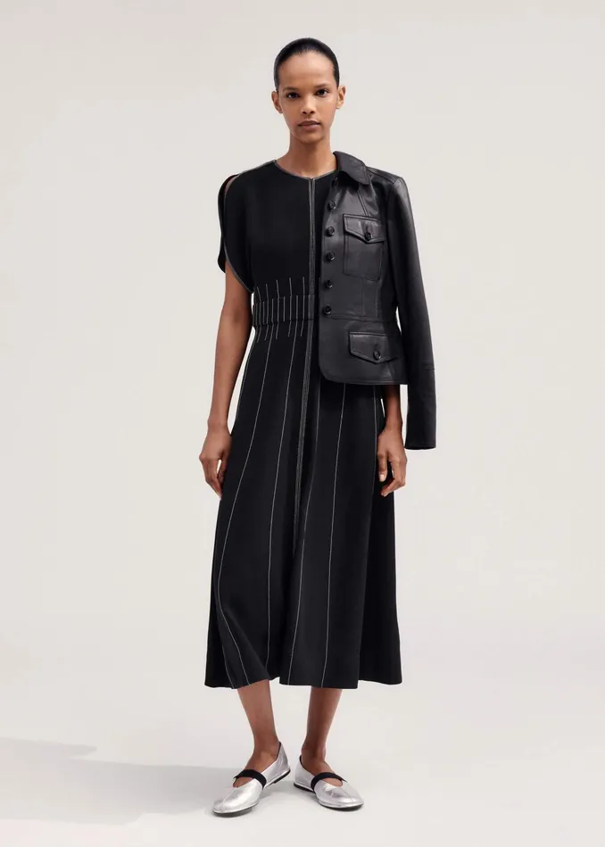 Women Contrast Stitch Midi Dress Blackcream MEEM