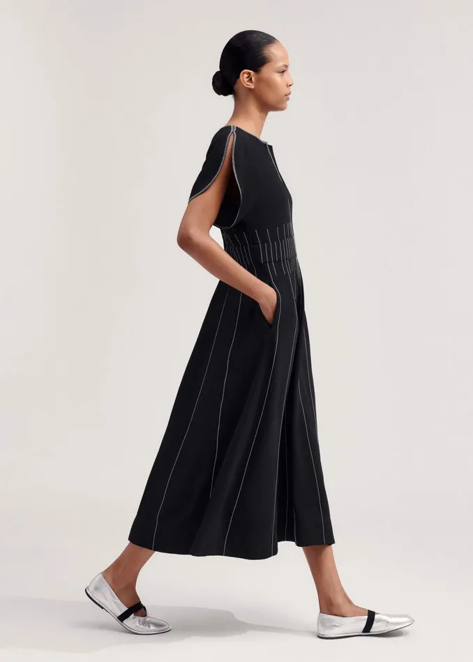 Women Contrast Stitch Midi Dress Blackcream MEEM
