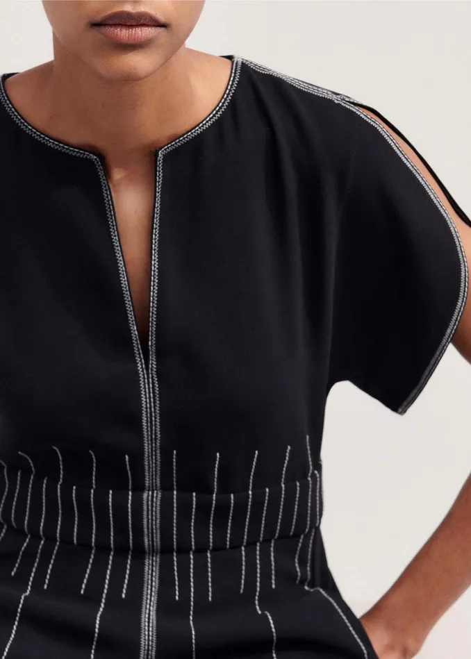 Women Contrast Stitch Midi Dress Blackcream MEEM