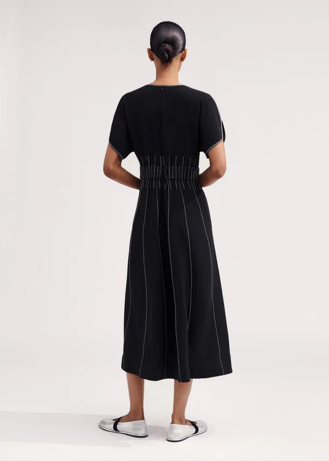 Women Contrast Stitch Midi Dress Blackcream MEEM
