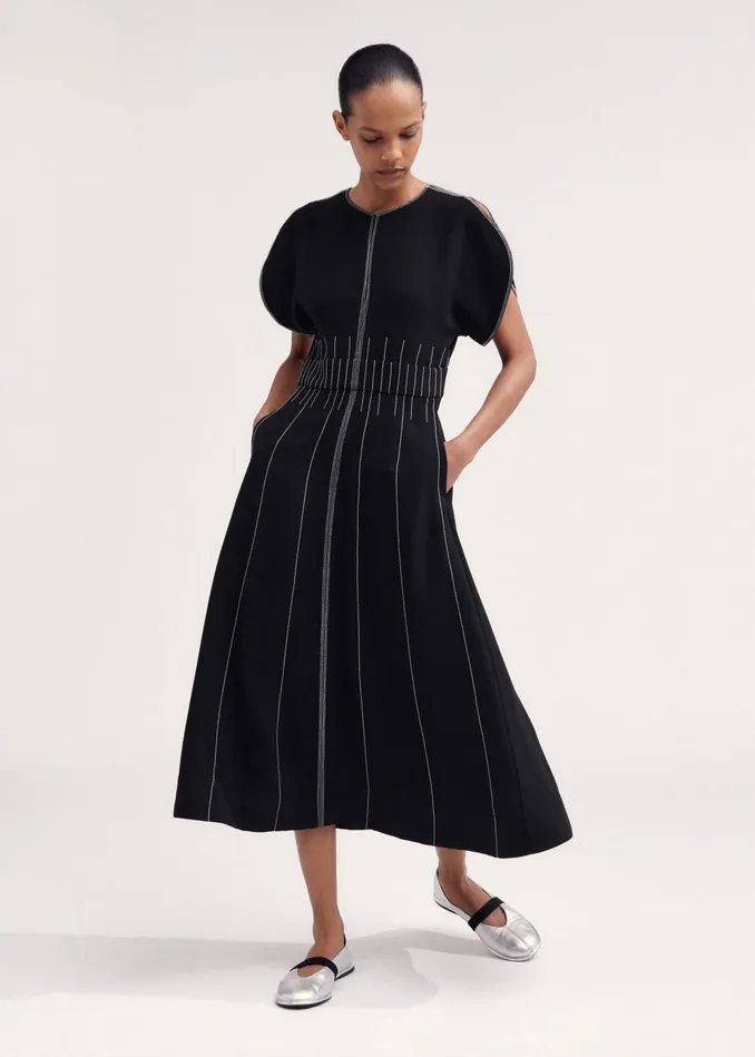Women Contrast Stitch Midi Dress Blackcream MEEM