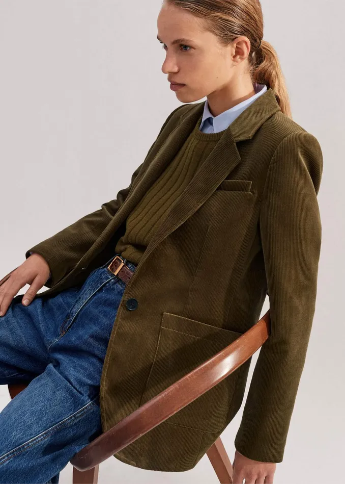 Women Cord Patch Pocket Blazer Bronzed Green MEEM