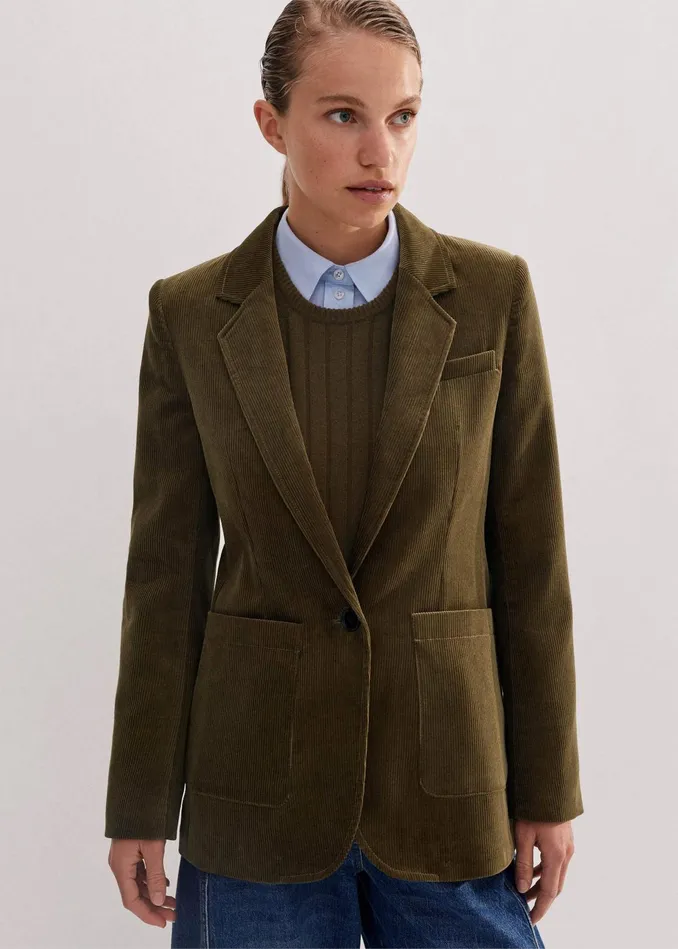 Women Cord Patch Pocket Blazer Bronzed Green MEEM