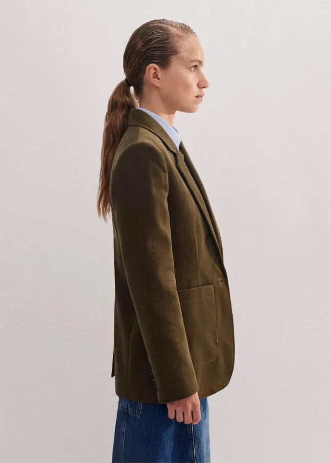 Women Cord Patch Pocket Blazer Bronzed Green MEEM