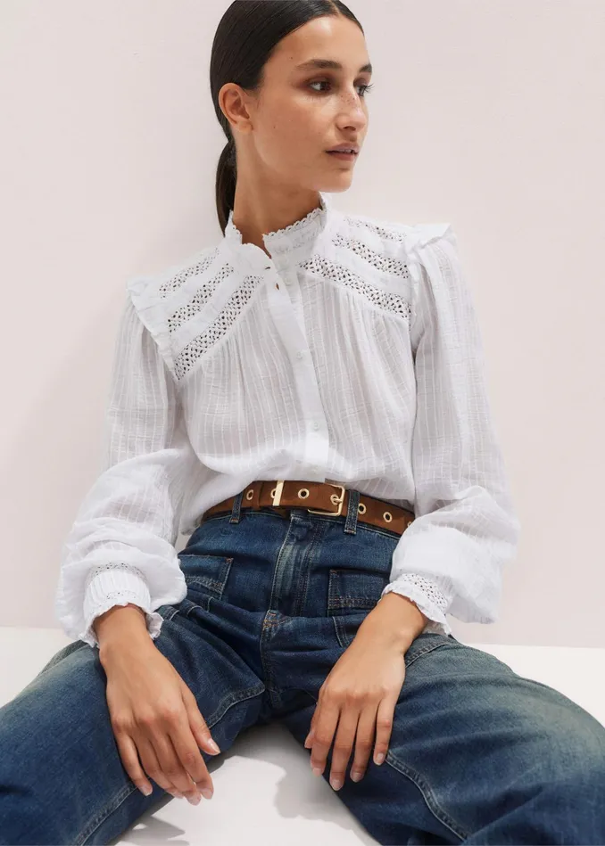 Women Cotton Lace Trim Blouse Soft White MEEM