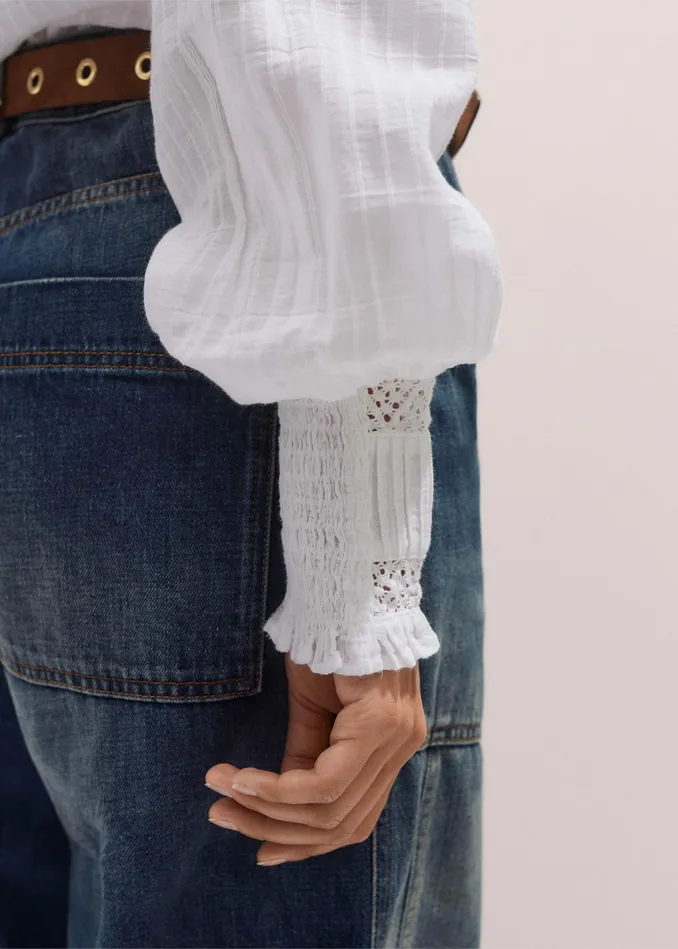 Women Cotton Lace Trim Blouse Soft White MEEM