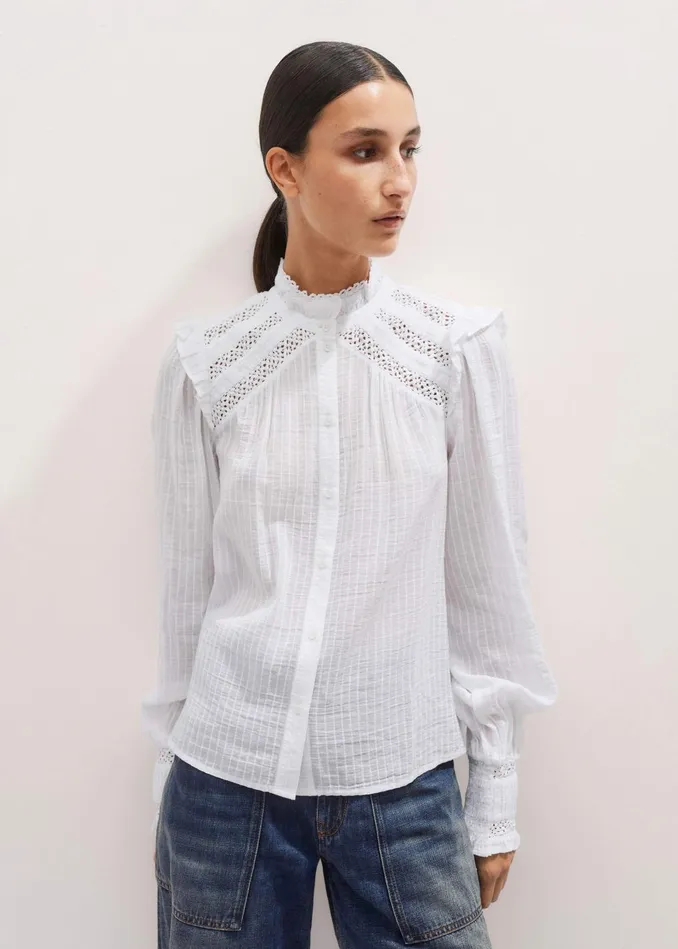 Women Cotton Lace Trim Blouse Soft White MEEM