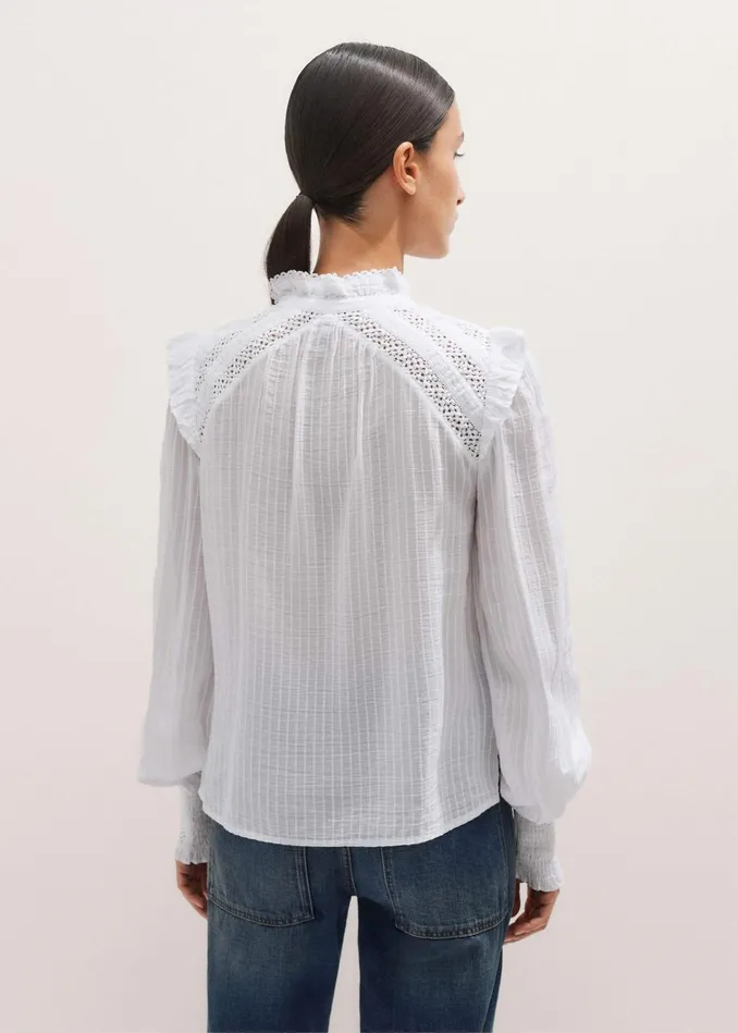 Women Cotton Lace Trim Blouse Soft White MEEM
