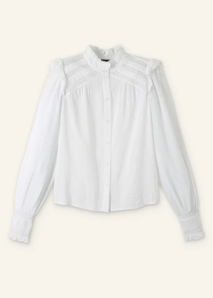 Women Cotton Lace Trim Blouse Soft White MEEM