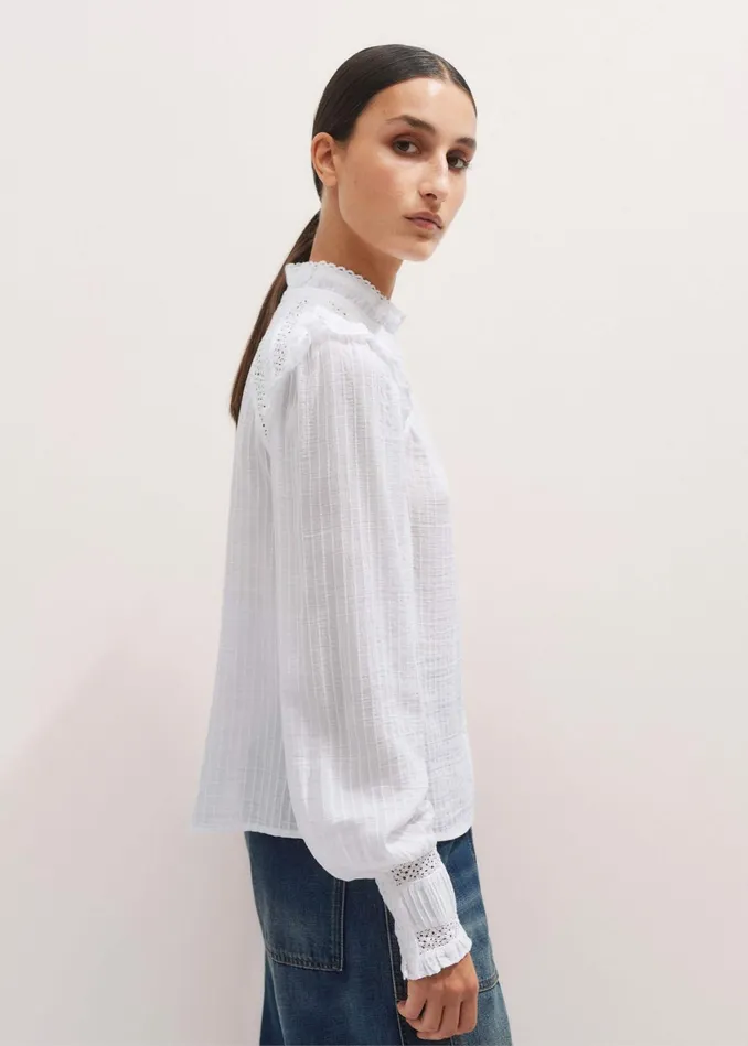 Women Cotton Lace Trim Blouse Soft White MEEM