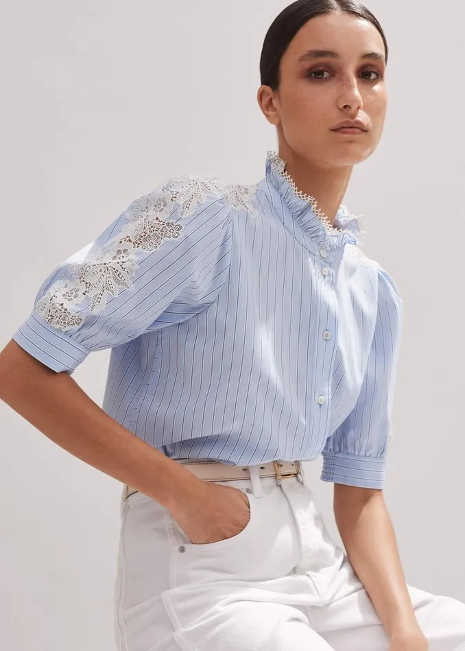 Women Cotton Stripe Lace Detail Blouse Blue MEEM