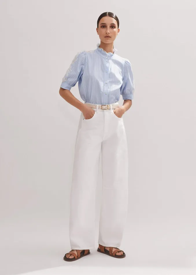 Women Cotton Stripe Lace Detail Blouse Blue MEEM