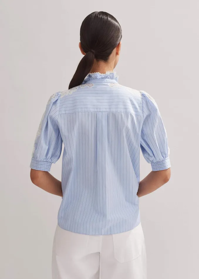 Women Cotton Stripe Lace Detail Blouse Blue MEEM