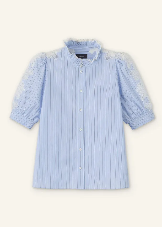 Women Cotton Stripe Lace Detail Blouse Blue MEEM