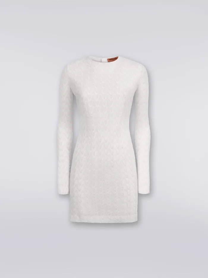 Women CrewNeck Mini Dress In Wool And Viscose With Zigzag Lace White Missoni Dresses