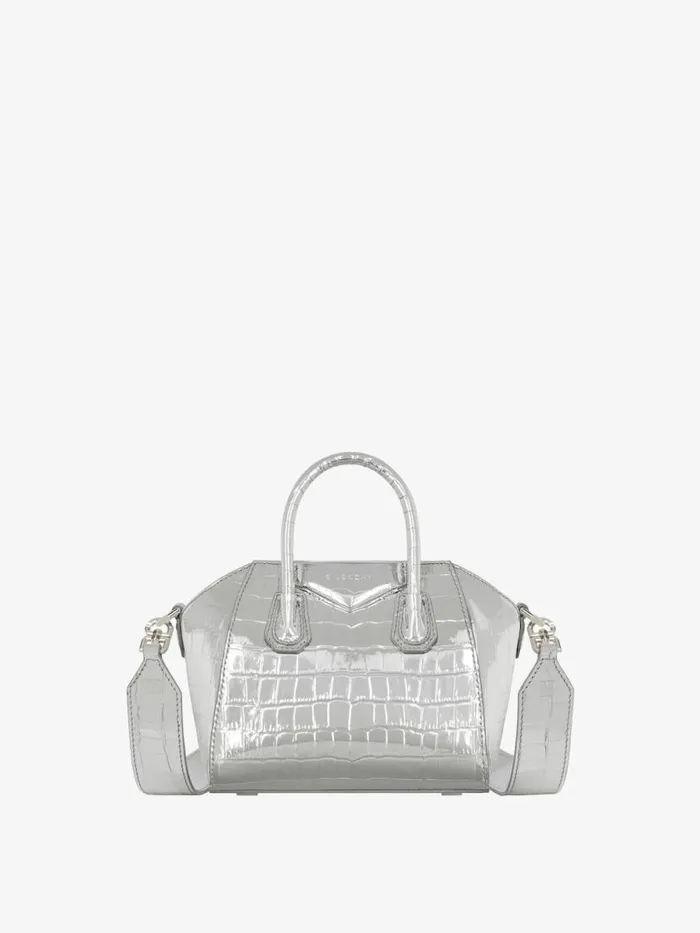 Women Crossbody Bags Givenchy Antigona Toy Bag In Crocodile Effect Leather Light Silvery