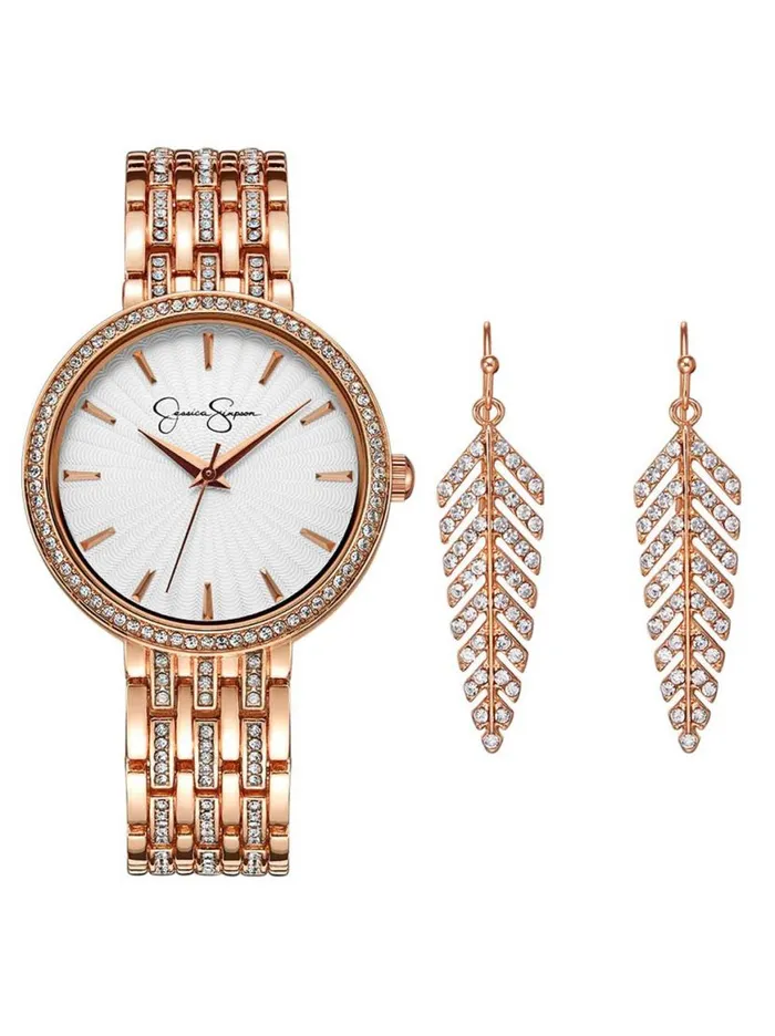 Women Crystal Bezel Watch and Feather Earring Set In Rose Gold Tone Jessica Simpson Watches