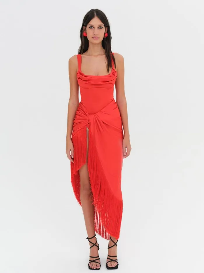 Women Dresses For Love and Lemons Anisa Fringe Midi Dress Red