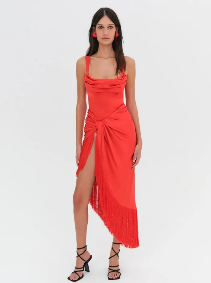 Women Dresses For Love and Lemons Anisa Fringe Midi Dress Red Women Dresses For Love and Lemons Anisa Fringe Midi Dress Red