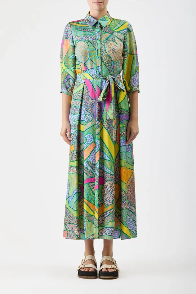 Women Dresses Gabriela Hearst Andy Pleated Shirtdress In Green Multi Printed Silk Twill