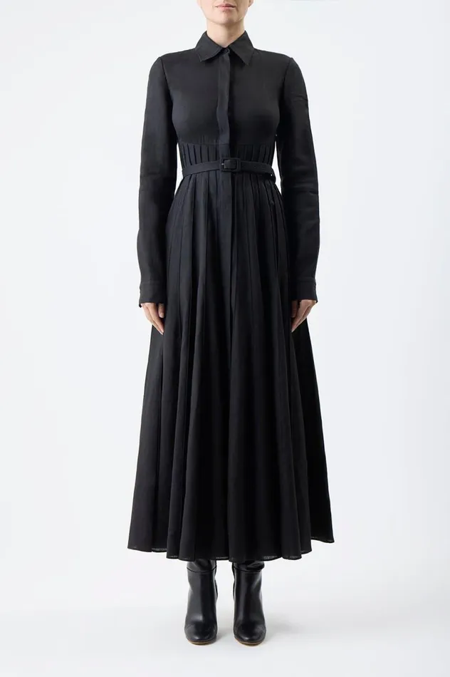 Women Dresses Gabriela Hearst Dewi Pleated Shirtdress In Black Aloe Linen