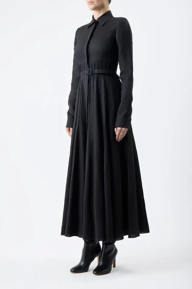 Women Dresses Gabriela Hearst Dewi Pleated Shirtdress In Black Aloe Linen