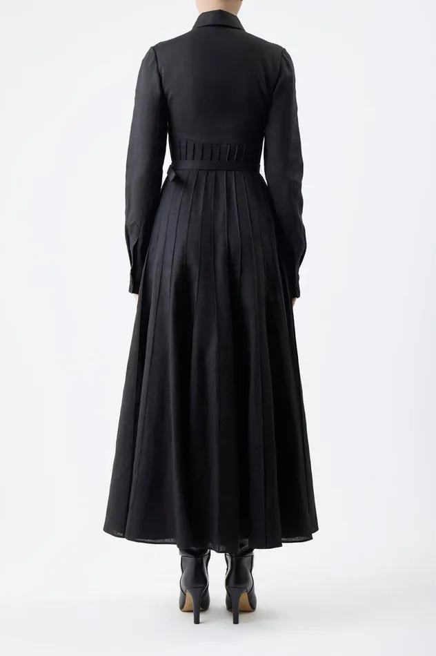 Women Dresses Gabriela Hearst Dewi Pleated Shirtdress In Black Aloe Linen
