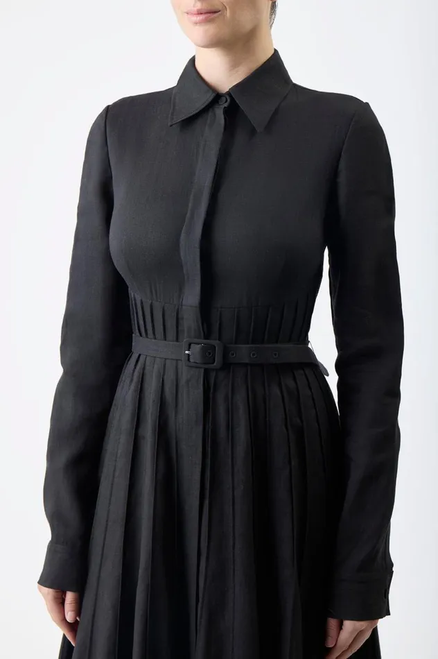 Women Dresses Gabriela Hearst Dewi Pleated Shirtdress In Black Aloe Linen