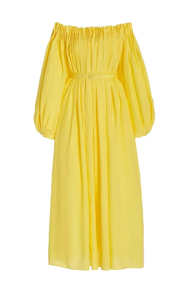 Women Dresses Gabriela Hearst Martha Corrugated Dress In Dandelion Aloe Linen
