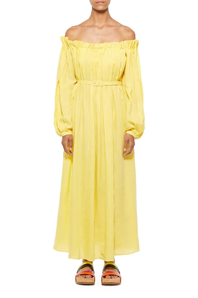 Women Dresses Gabriela Hearst Martha Corrugated Dress In Dandelion Aloe Linen