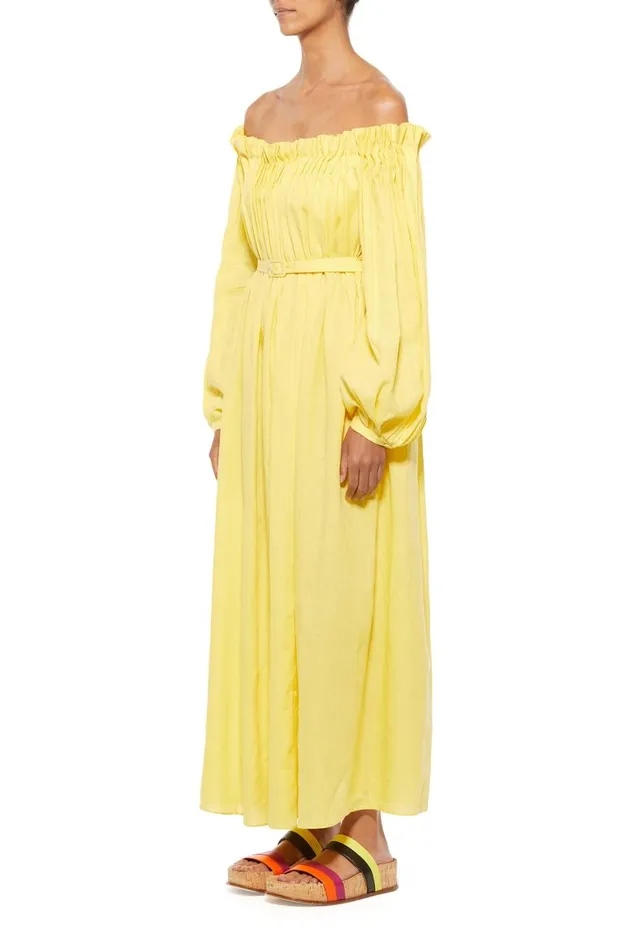 Women Dresses Gabriela Hearst Martha Corrugated Dress In Dandelion Aloe Linen