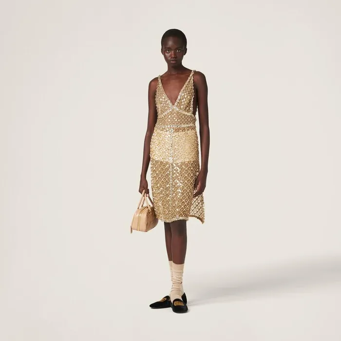 Women Dresses Miu Miu Embroidered Organza Dress Sand Beige