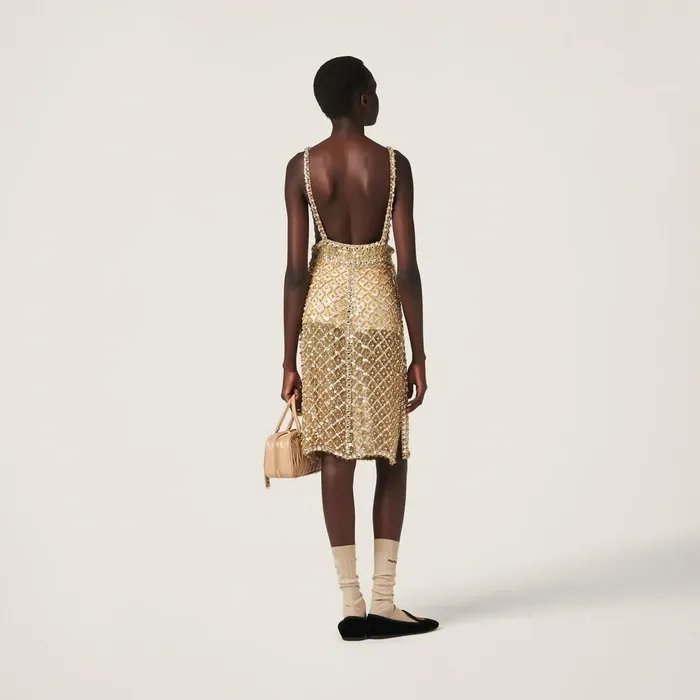 Women Dresses Miu Miu Embroidered Organza Dress Sand Beige