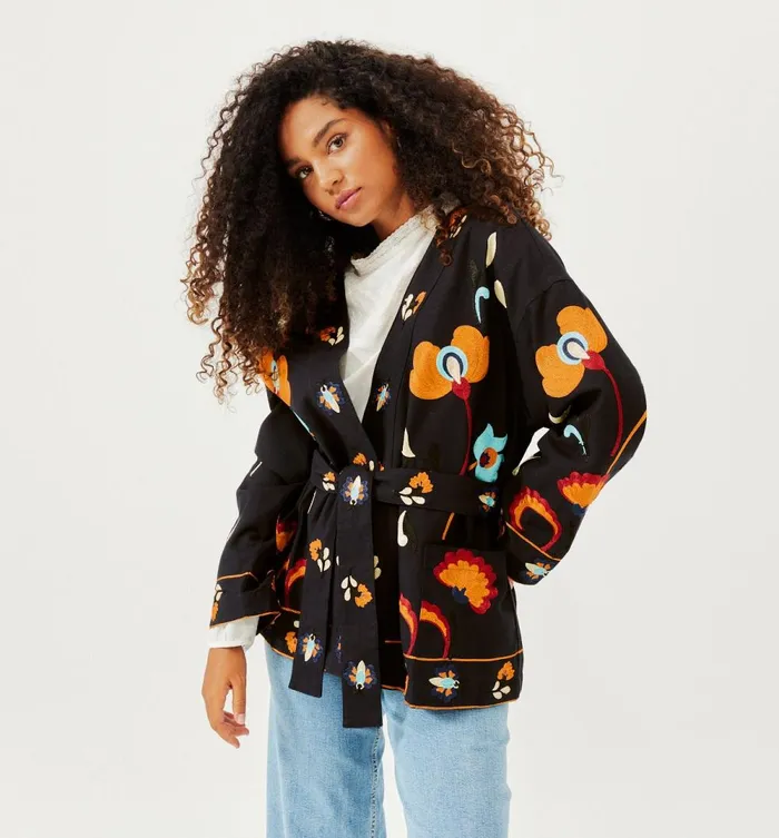 Women Embroidered Kimono Jacket 8211 Navy Blue Print Promod Jackets