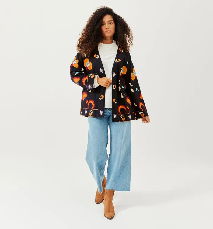 Women Embroidered Kimono Jacket 8211 Navy Blue Print Promod Jackets Women Embroidered Kimono Jacket 8211 Navy Blue Print Promod Jackets