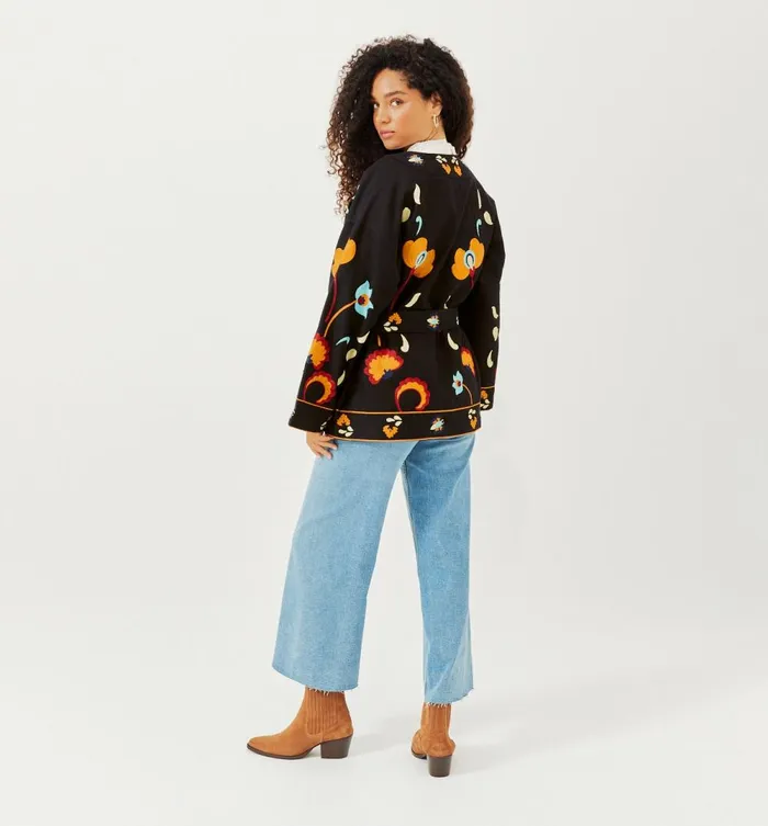 Women Embroidered Kimono Jacket 8211 Navy Blue Print Promod Jackets Women Embroidered Kimono Jacket 8211 Navy Blue Print Promod Jackets