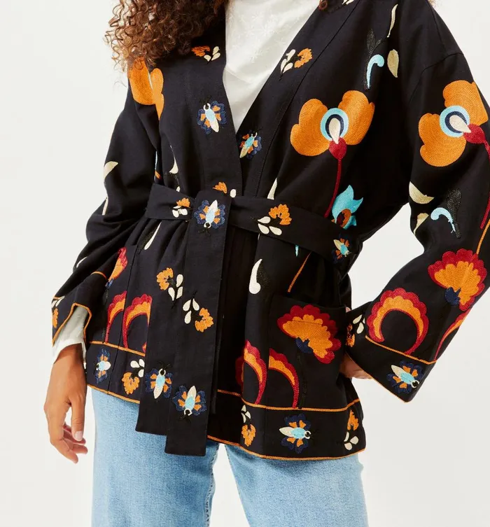 Women Embroidered Kimono Jacket 8211 Navy Blue Print Promod Jackets Women Embroidered Kimono Jacket 8211 Navy Blue Print Promod Jackets