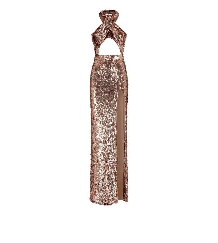 Women Evening Tom Ford Sequin Embroidery CutOut Halter Neck Evening Dress Bronze