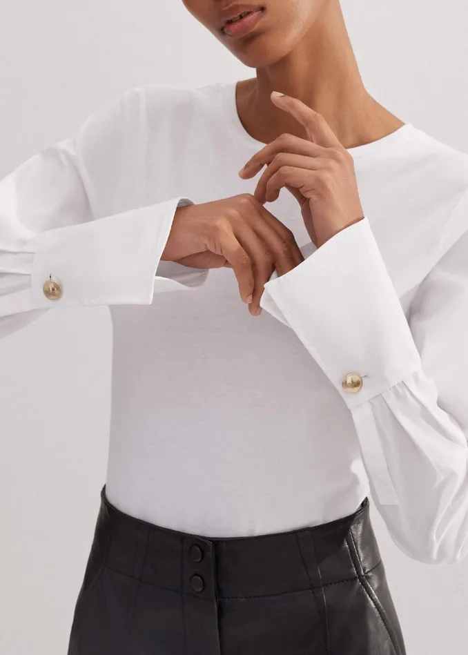 Women Feature Button Crew Neck Layering Shirt Fresh White MEEM