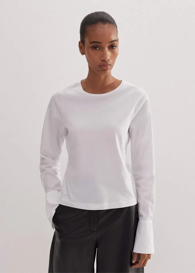 Women Feature Button Crew Neck Layering Shirt Fresh White MEEM