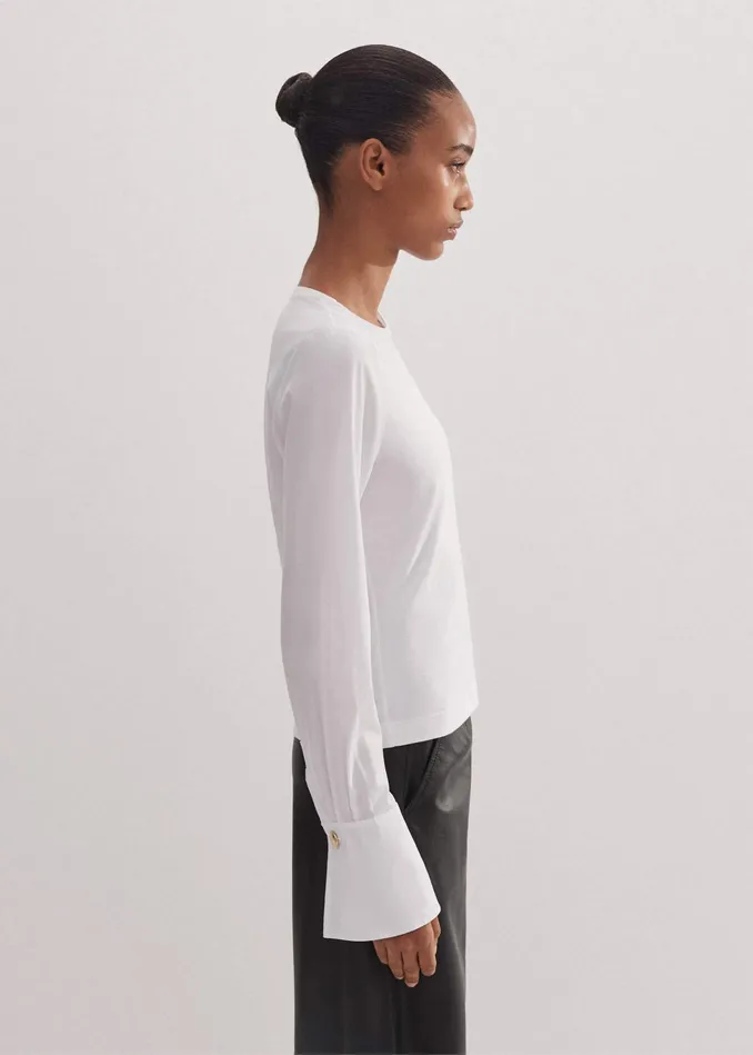 Women Feature Button Crew Neck Layering Shirt Fresh White MEEM