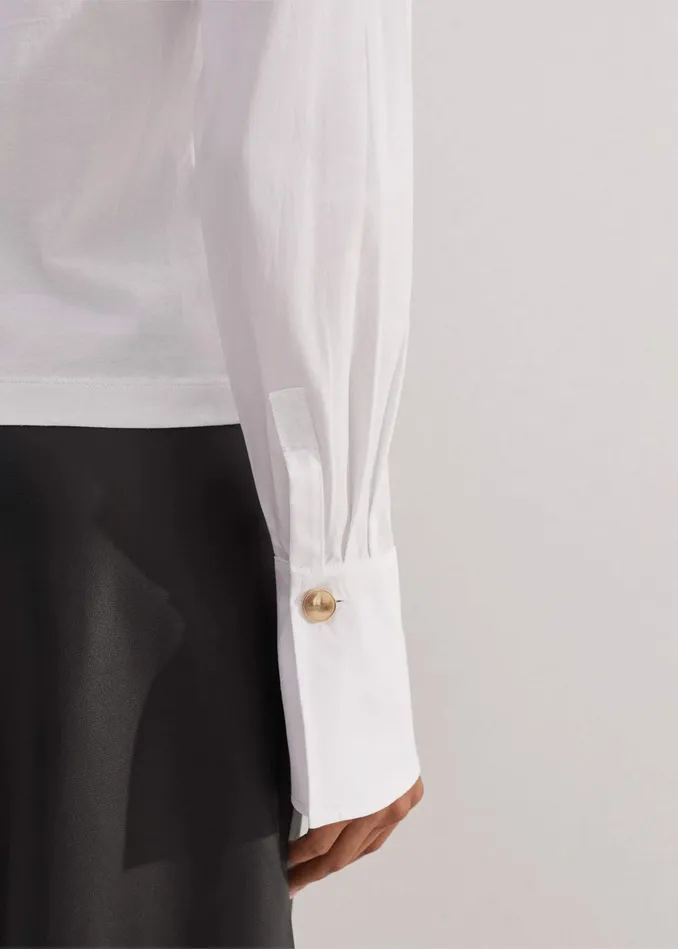 Women Feature Button Crew Neck Layering Shirt Fresh White MEEM