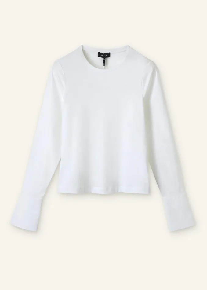 Women Feature Button Crew Neck Layering Shirt Fresh White MEEM