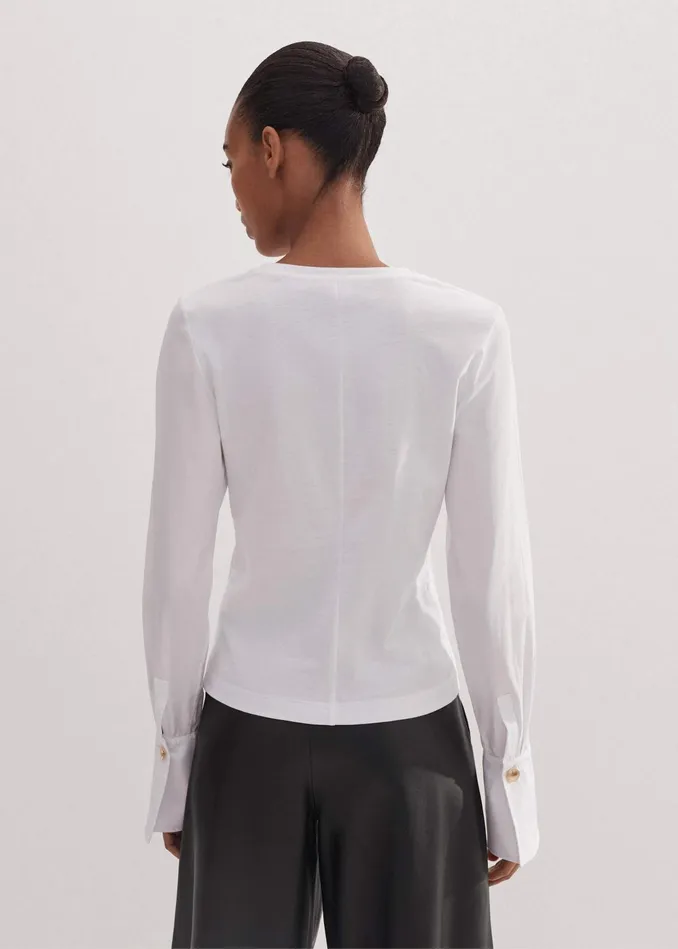 Women Feature Button Crew Neck Layering Shirt Fresh White MEEM