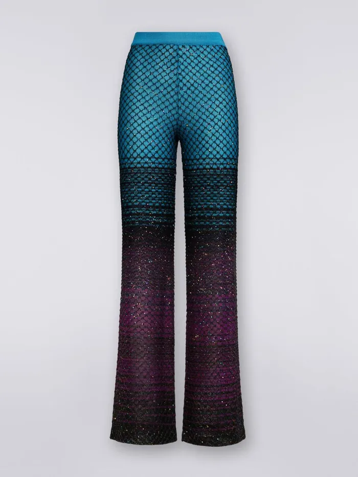 Women Flared Knit Trousers With Sequins Turquoise Purple and Black Missoni Trousers
