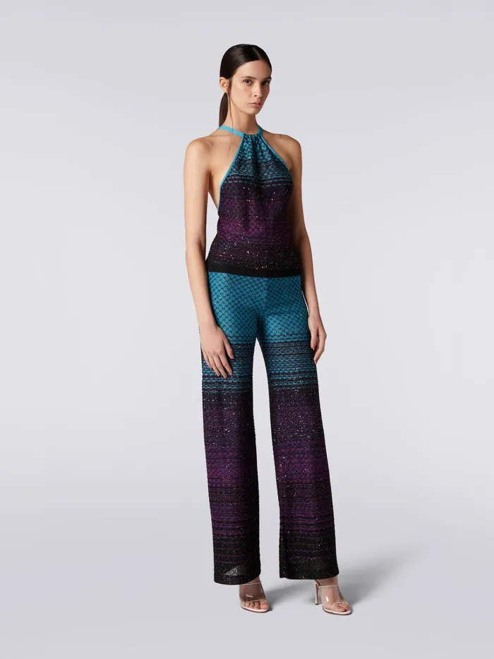 Women Flared Knit Trousers With Sequins Turquoise Purple and Black Missoni Trousers