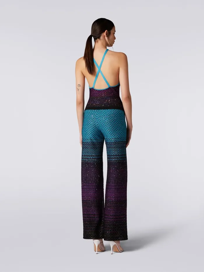 Women Flared Knit Trousers With Sequins Turquoise Purple and Black Missoni Trousers
