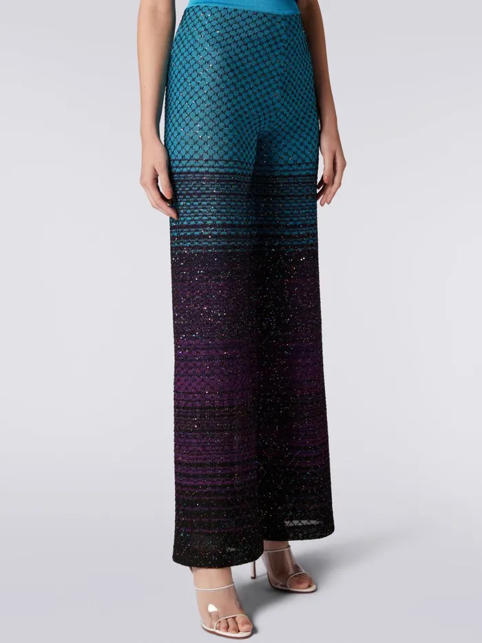 Women Flared Knit Trousers With Sequins Turquoise Purple and Black Missoni Trousers