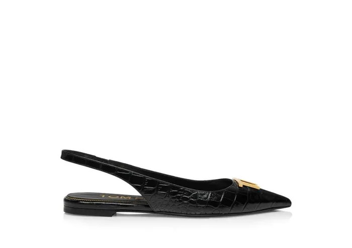 Women Flats Tom Ford Shiny Stamped Crocodile Leather Tf Slingback Ballerina Flat Black