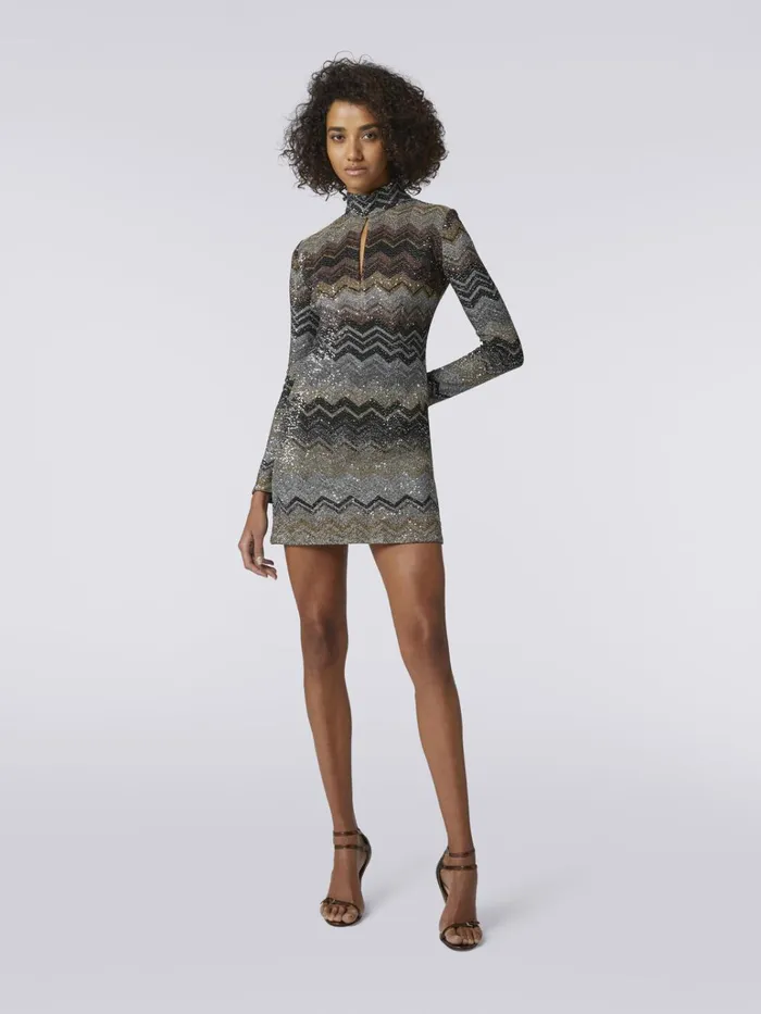 Women HighNeck Viscose Blend Chevron Mini Dress With Sequins Multicoloured Missoni Dresses Women HighNeck Viscose Blend Chevron Mini Dress With Sequins Multicoloured Missoni Dresses